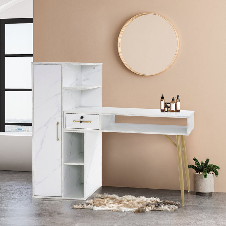 Nail Desk With Marble Texture, Manicure Table With Lockable Drawer 2622