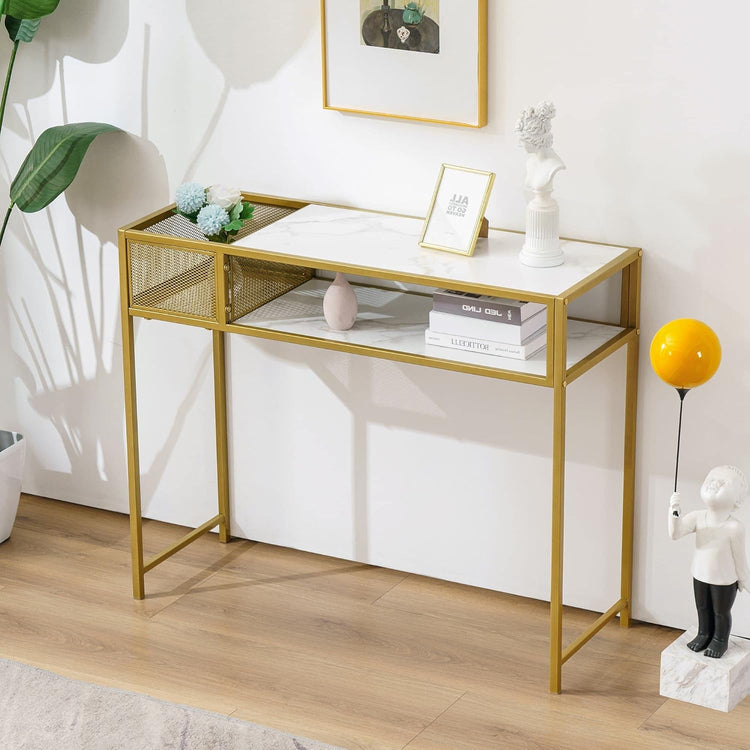 Nail Table With Glass Shelves And Gold Metal Frame, Manicure Station Beauty Desk