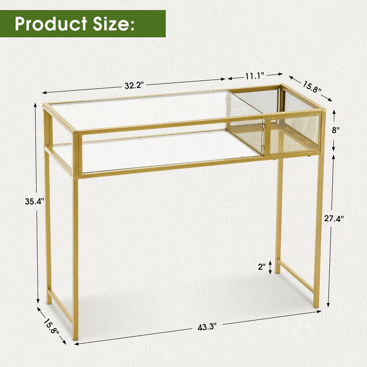 Nail Table With Glass Shelves And Gold Metal Frame, Manicure Station Beauty Desk