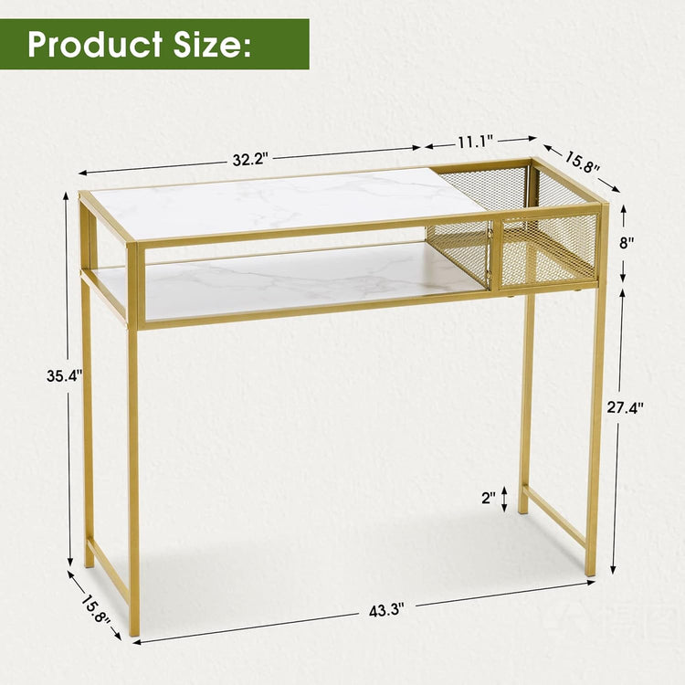 Nail Table With Glass Shelves And Gold Metal Frame, Manicure Station Beauty Desk