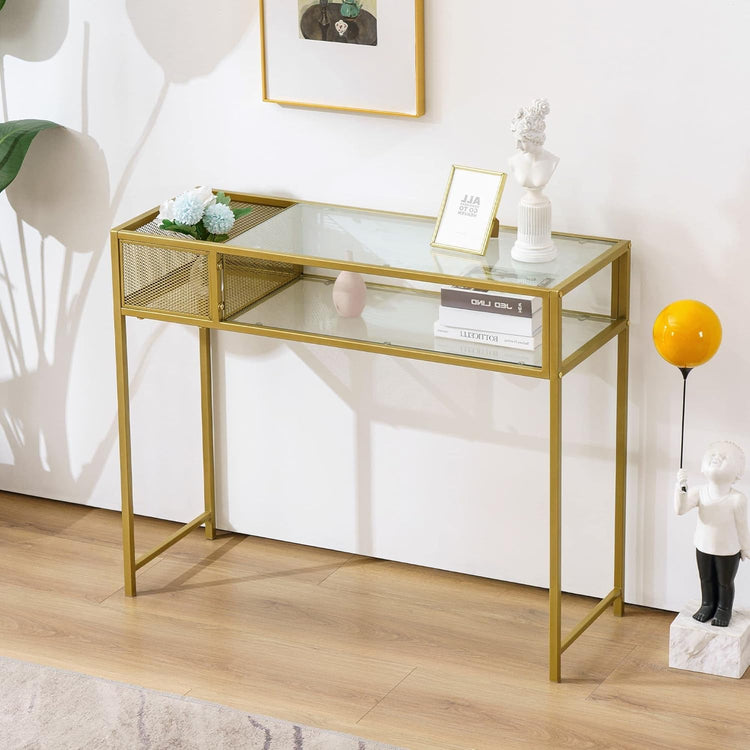 Nail Table With Glass Shelves And Gold Metal Frame, Manicure Station Beauty Desk