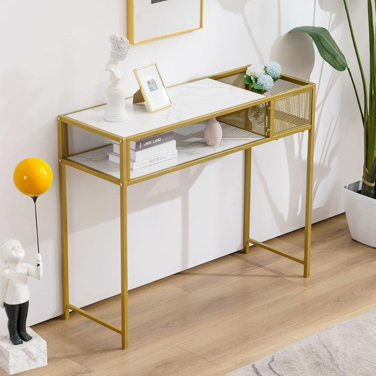 Nail Table With Glass Shelves And Gold Metal Frame, Manicure Station Beauty Desk