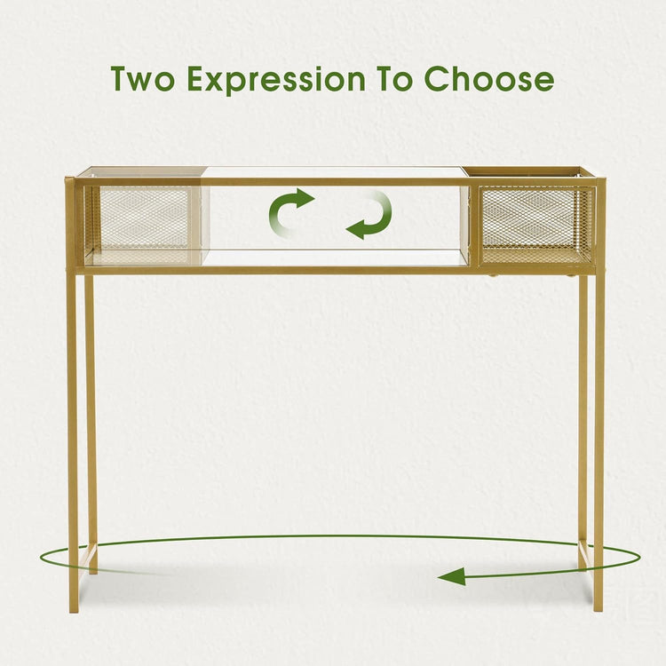Nail Table With Glass Shelves And Gold Metal Frame, Manicure Station Beauty Desk