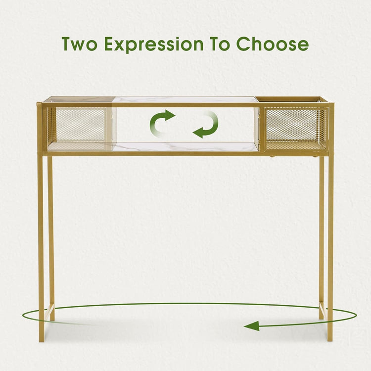 Nail Table With Glass Shelves And Gold Metal Frame, Manicure Station Beauty Desk