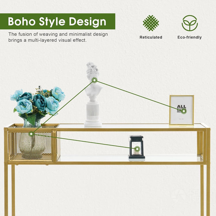 Nail Table With Glass Shelves And Gold Metal Frame, Manicure Station Beauty Desk