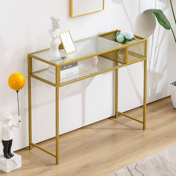 Nail Table With Glass Shelves And Gold Metal Frame, Manicure Station Beauty Desk