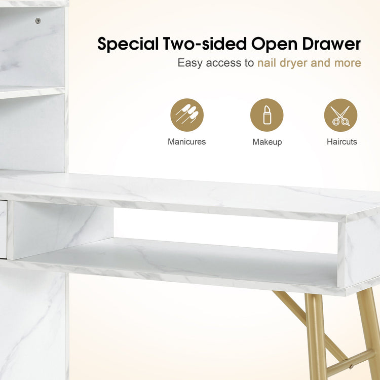 Nail Desk With Marble Texture, Manicure Table With Lockable Drawer 2622