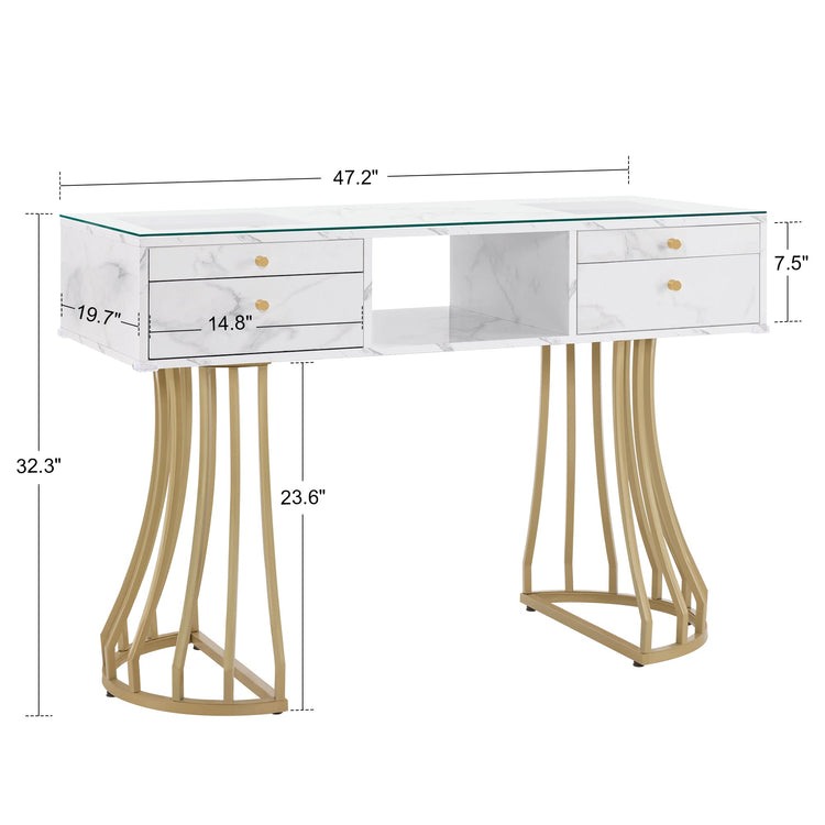 Manicure Table With Glass, Marbling Textured Nail Tech Desk With Golden Metal Frame 2464