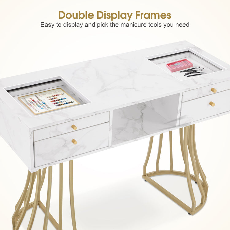 Manicure Table With Glass, Marbling Textured Nail Tech Desk With Golden Metal Frame 2464