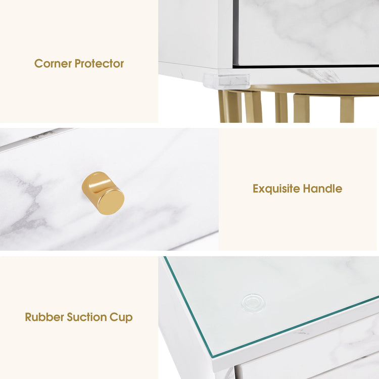 Manicure Table With Glass, Marbling Textured Nail Tech Desk With Golden Metal Frame 2464