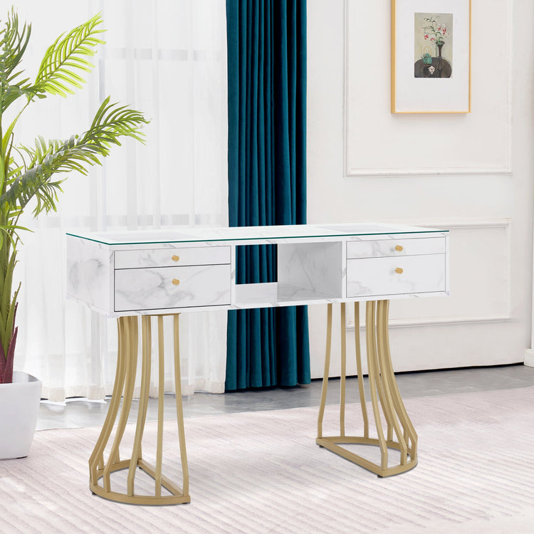 Manicure Table With Glass, Marbling Textured Nail Tech Desk With Golden Metal Frame 2464
