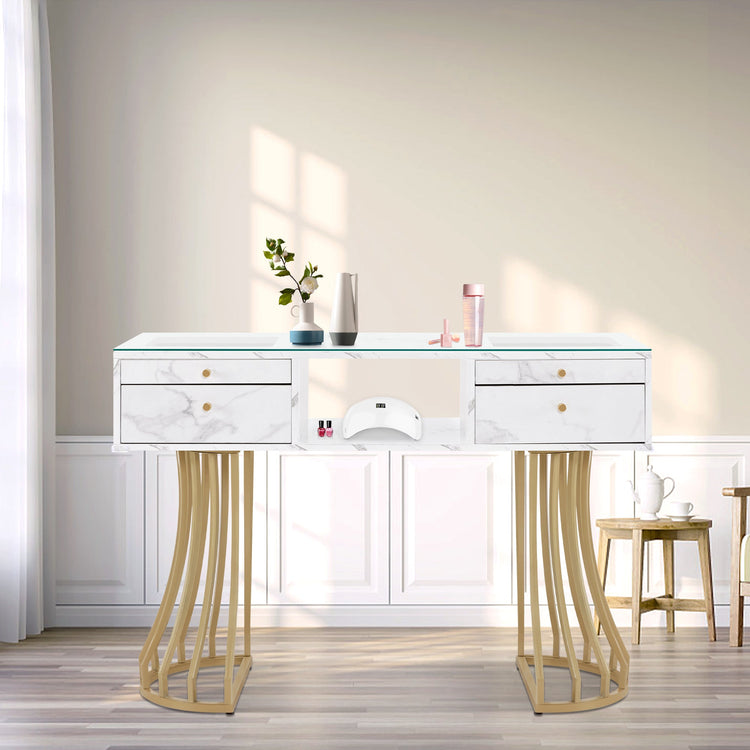 Manicure Table With Glass, Marbling Textured Nail Tech Desk With Golden Metal Frame 2464