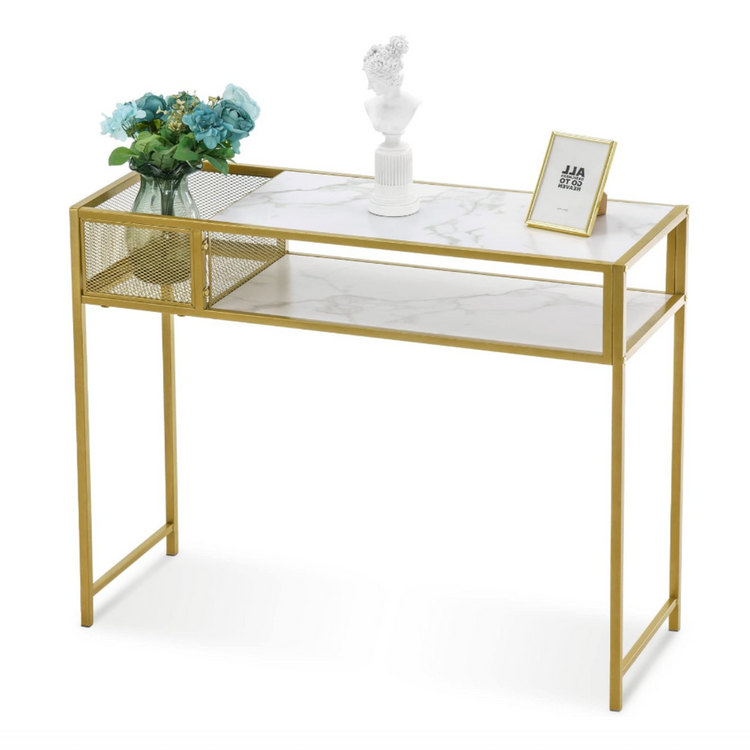Nail Table With Glass Shelves And Gold Metal Frame, Manicure Station Beauty Desk