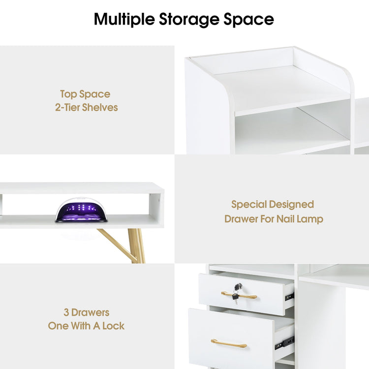 Manicure Table With Shelves, Nail Desk With Golden Handles 2605