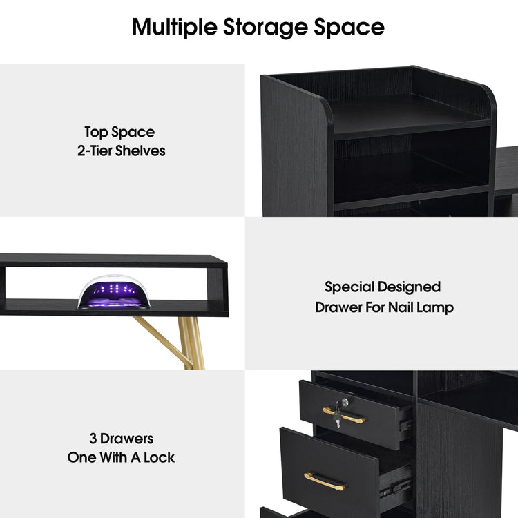 Manicure Table With Shelves, Nail Desk With Golden Handles 2605