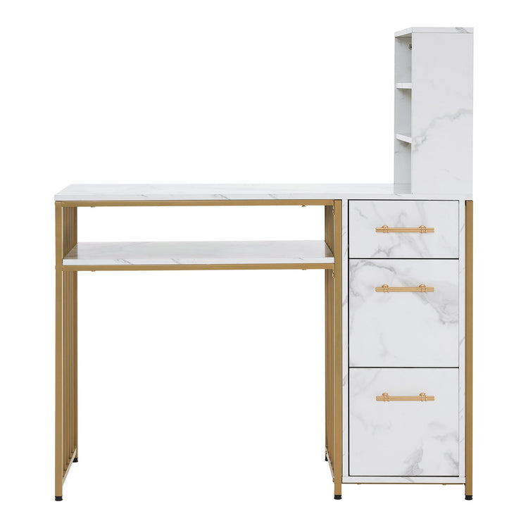 L-Shaped Marbling Texture Manicure Table Beauty Workstation With Open Shelves 2423