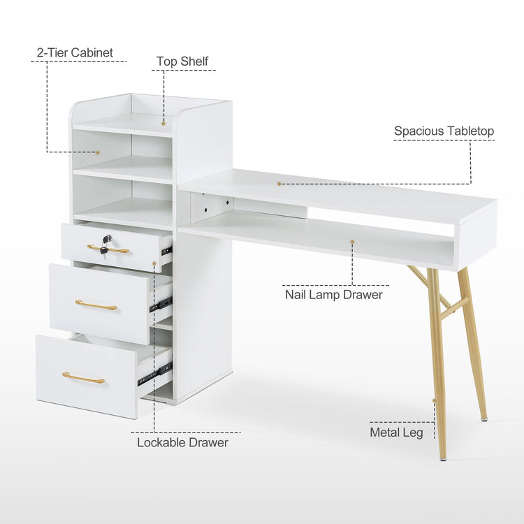 Manicure Table With Shelves, Nail Desk With Golden Handles 2605
