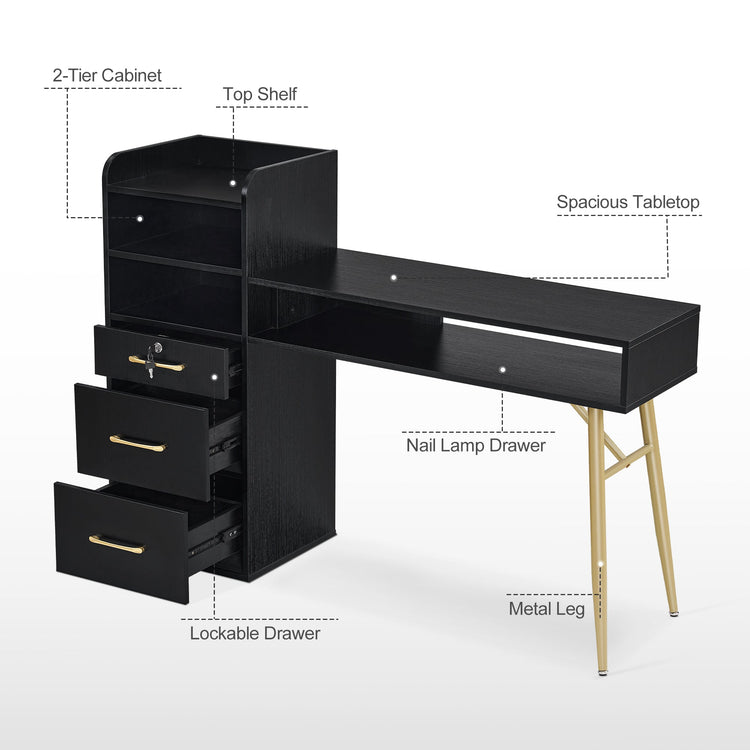 Manicure Table With Shelves, Nail Desk With Golden Handles 2605