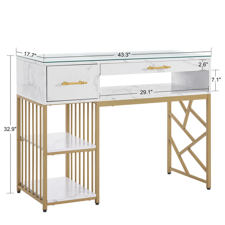 Manicure Table With Glass Display, Marbling Texture Nail Storage Desk 2460