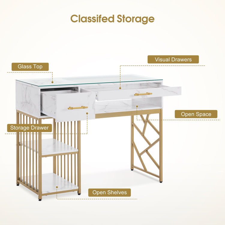 Manicure Table With Glass Display, Marbling Texture Nail Storage Desk 2460