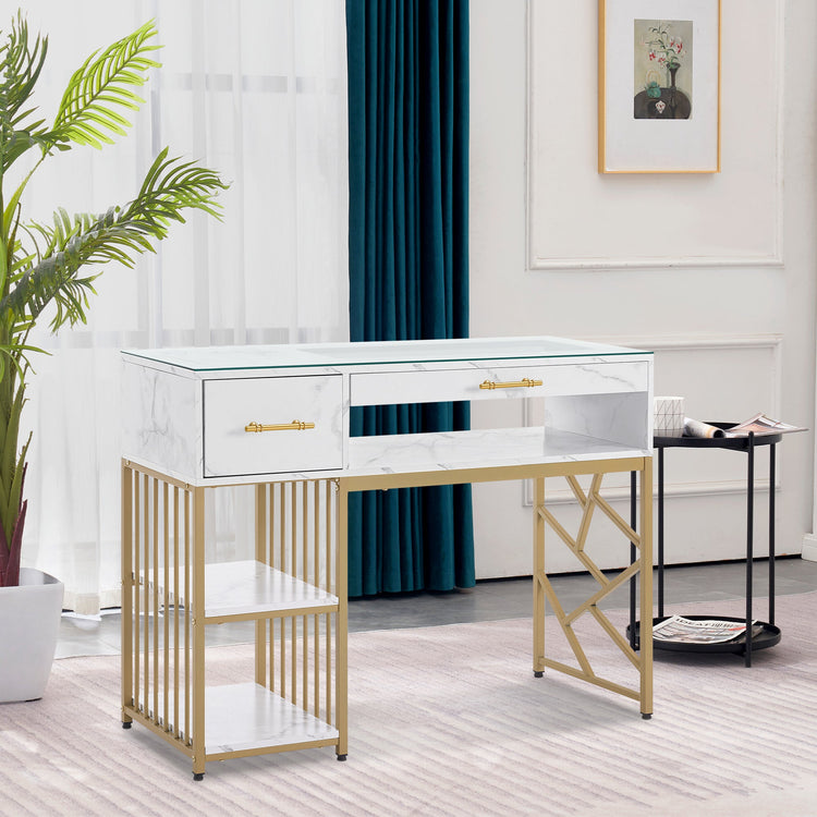 Manicure Table With Glass Display, Marbling Texture Nail Storage Desk 2460