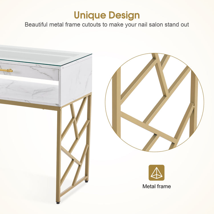 Manicure Table With Glass Display, Marbling Texture Nail Storage Desk 2460