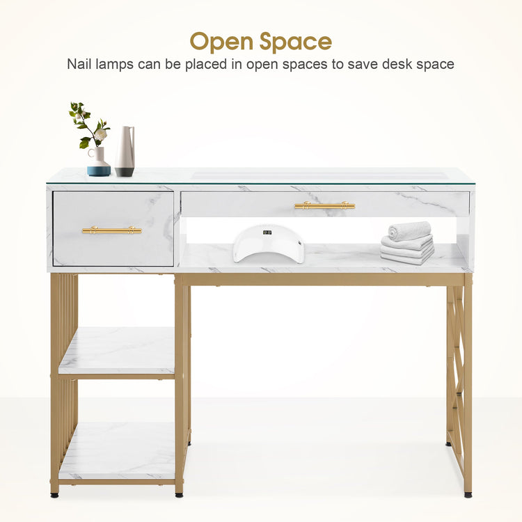 Manicure Table With Glass Display, Marbling Texture Nail Storage Desk 2460