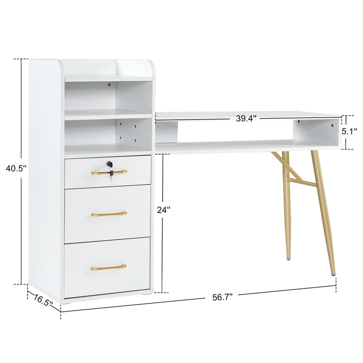 Manicure Table With Shelves, Nail Desk With Golden Handles 2605