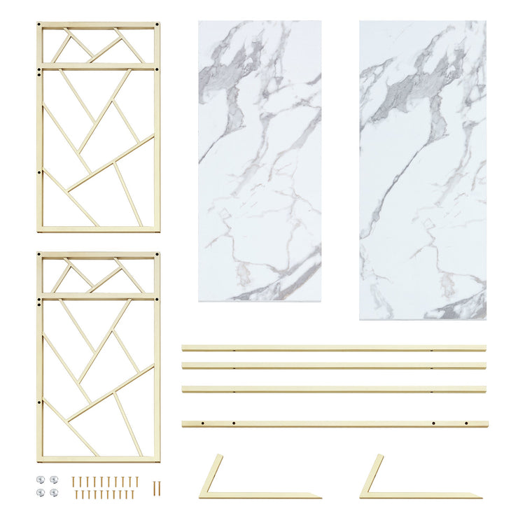 Nail Table With Shelves And Gold Accents, White Marble Manicure Desk For Salon Or Home