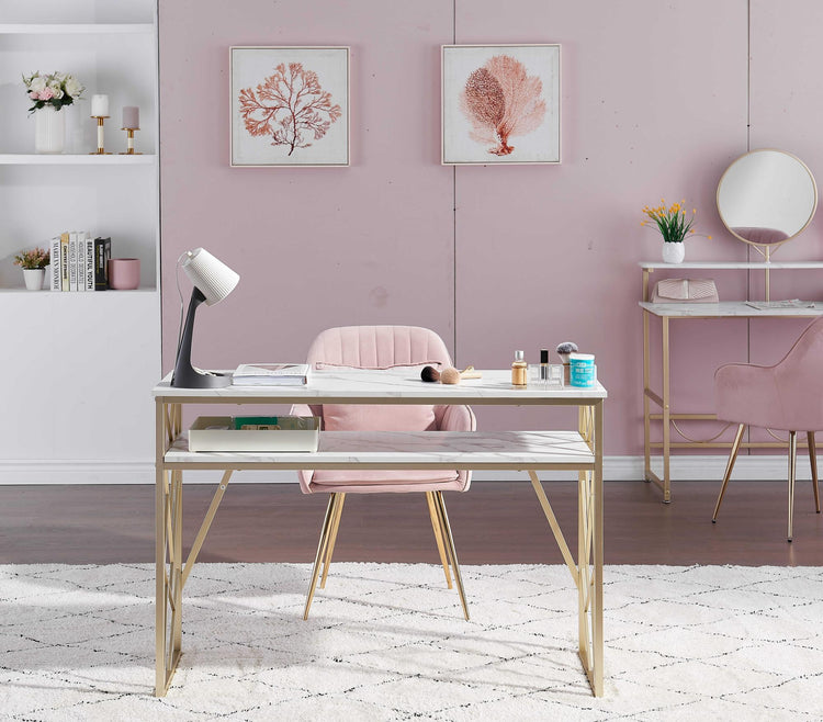 Nail Table With Shelves And Gold Accents, White Marble Manicure Desk For Salon Or Home