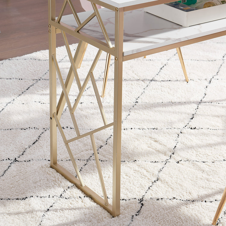 Nail Table With Shelves And Gold Accents, White Marble Manicure Desk For Salon Or Home