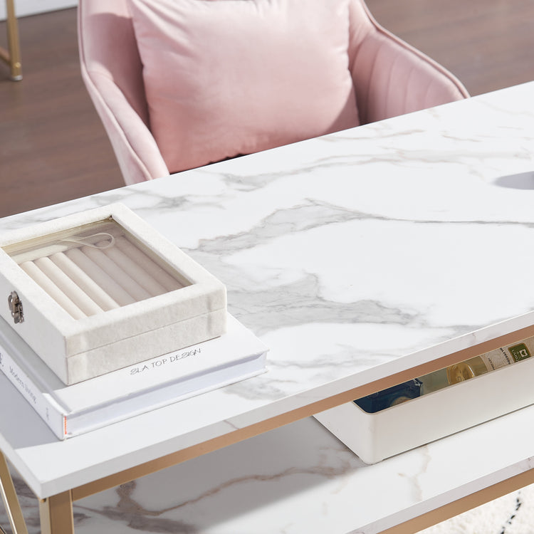 Nail Table With Shelves And Gold Accents, White Marble Manicure Desk For Salon Or Home