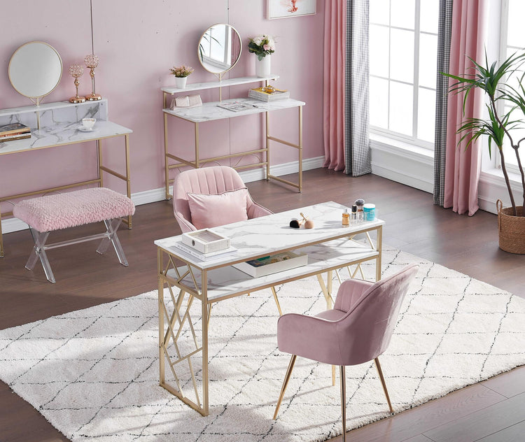 Nail Table With Shelves And Gold Accents, White Marble Manicure Desk For Salon Or Home