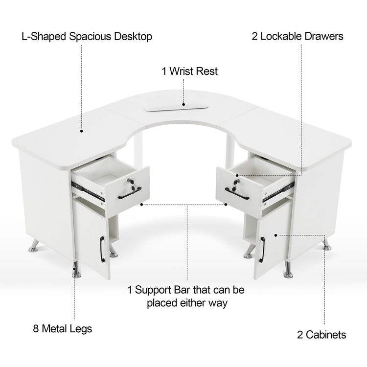 L-Shaped Nail Table Corner Manicure Desk For Home Office 2672