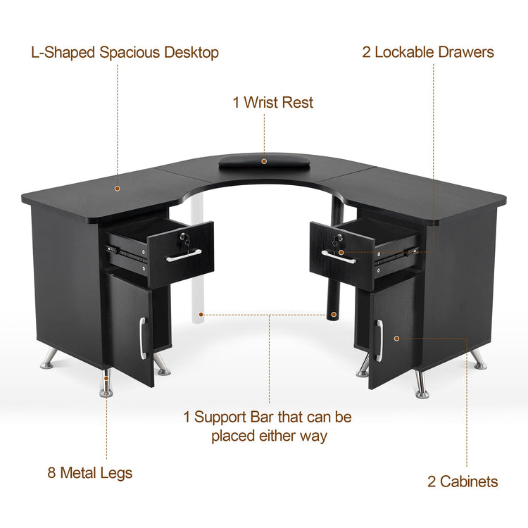 L-Shaped Nail Table Corner Manicure Desk For Home Office 2672