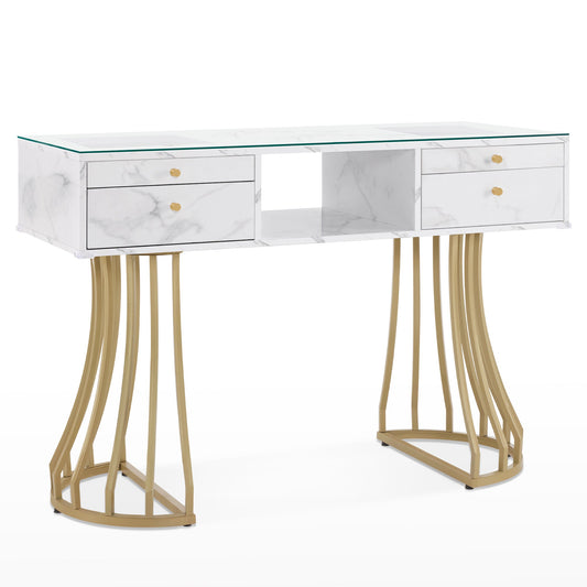 Manicure Table With Glass, Marbling Textured Nail Tech Desk With Golden Metal Frame 2464