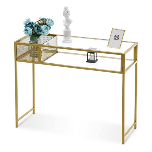Nail Table With Glass Shelves And Gold Metal Frame, Manicure Station Beauty Desk