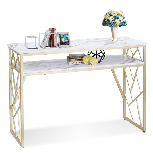 Nail Table With Shelves And Gold Accents, White Marble Manicure Desk For Salon Or Home