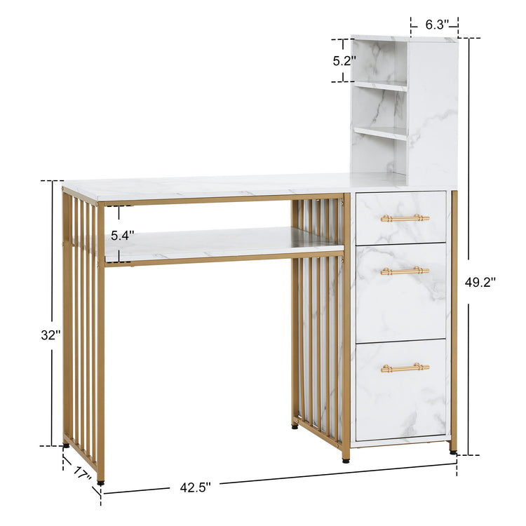 L-Shaped Marbling Texture Manicure Table Beauty Workstation With Open Shelves 2423