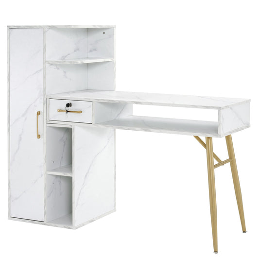 Nail Desk With Marble Texture, Manicure Table With Lockable Drawer 2622