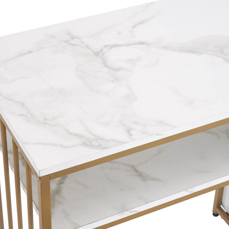 L-Shaped Marbling Texture Manicure Table Beauty Workstation With Open Shelves 2423