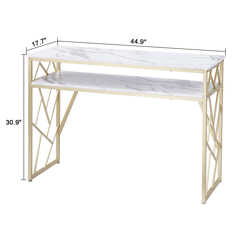 Nail Table With Shelves And Gold Accents, White Marble Manicure Desk For Salon Or Home