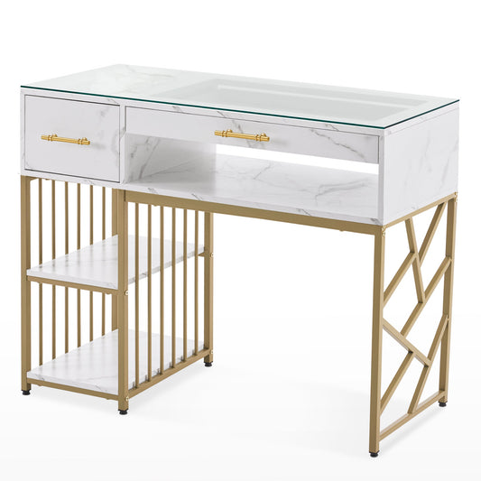 Manicure Table With Glass Display, Marbling Texture Nail Storage Desk 2460