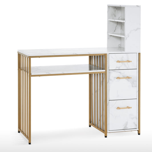 L-Shaped Marbling Texture Manicure Table Beauty Workstation With Open Shelves 2423