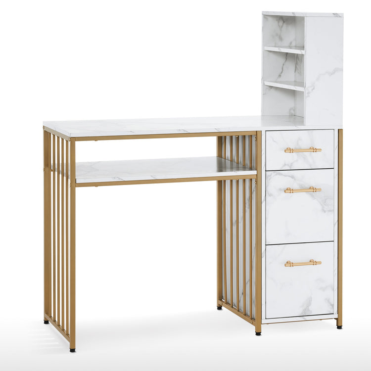 L-Shaped Marbling Texture Manicure Table Beauty Workstation With Open Shelves 2423
